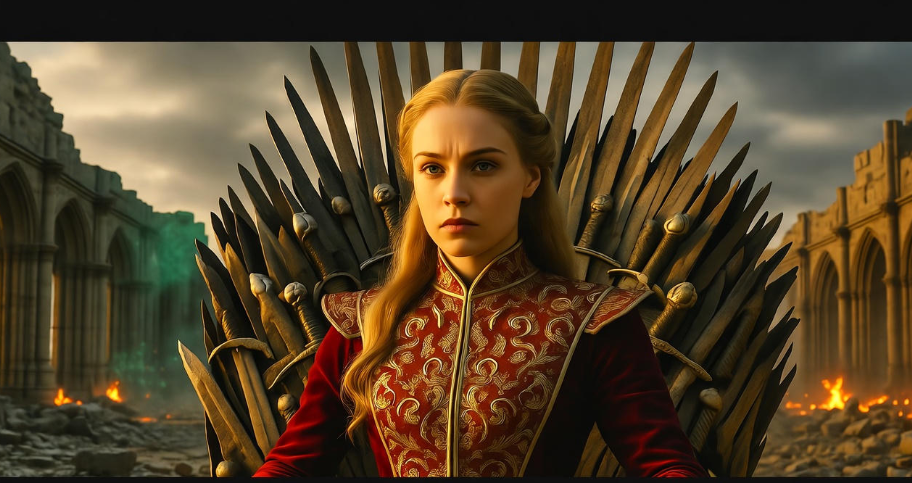 Cersei Lannister on the Iron Throne amidst Great Sept ruins, showcasing her Game of Thrones power
