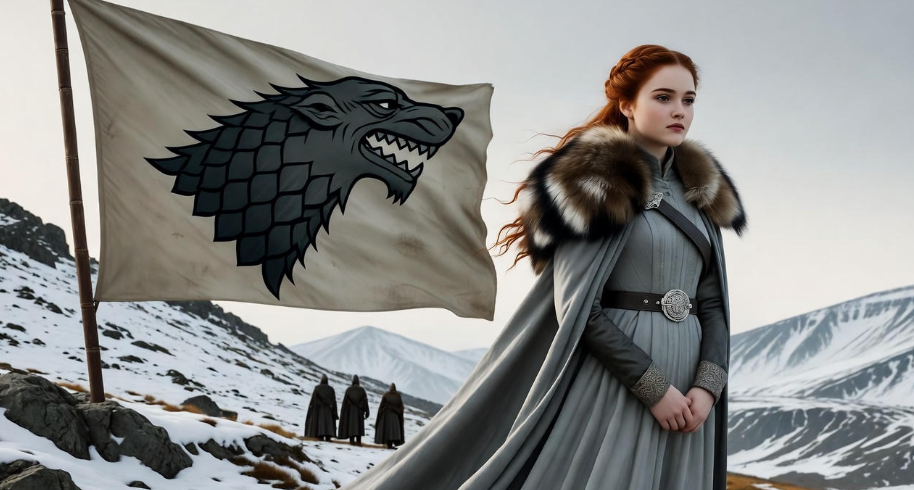 Sansa Stark on a snowy hill with Stark banner, representing her rule in Game of Thrones North.