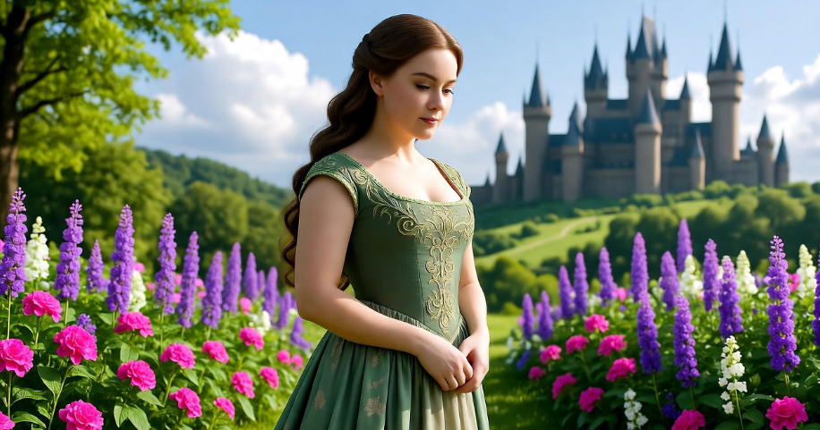 Margaery Tyrell in a garden with Highgarden castle, symbolizing her charm in Game of Thrones."