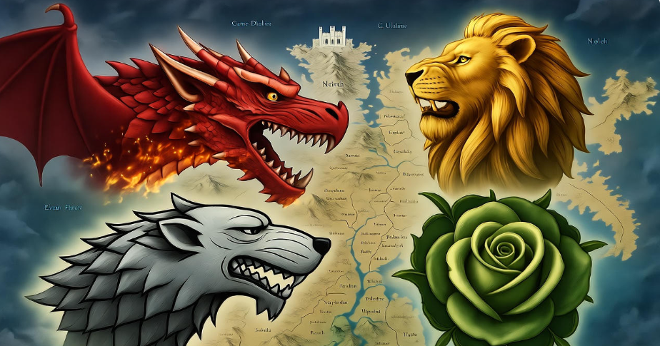 Symbolic map of Westeros with dragon, lion, direwolf, and rose representing Game of Thrones queens' impact.