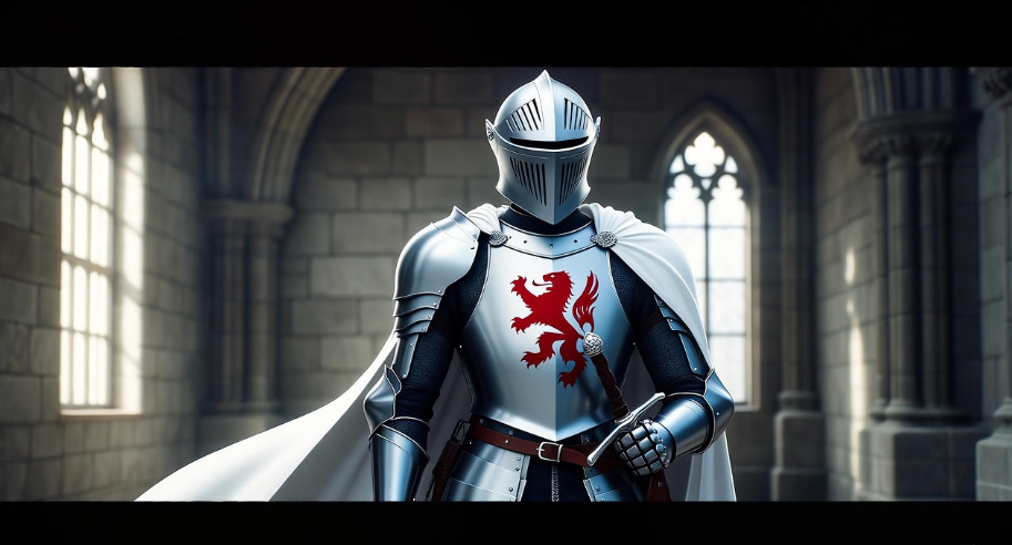 Young Jaime Lannister in Kingsguard armor with red lion emblem in a stone hall, Game of Thrones