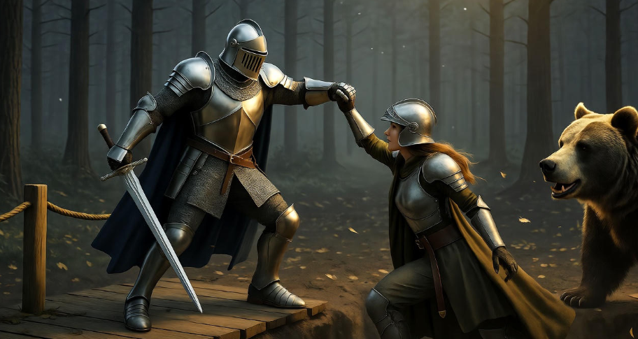 Jaime Lannister saving Brienne from a bear pit, Game of Thrones heroic moment.