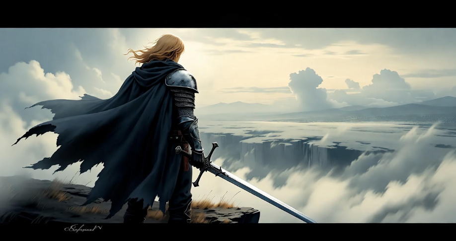 Jaime Lannister on a cliff with a broken sword, symbolizing his Game of Thrones legacy.
