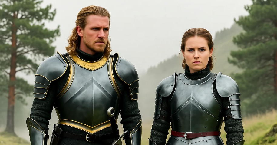 Jaime Lannister and Brienne of Tarth stand side by side, symbolizing honor and redemption in Game of Thrones.