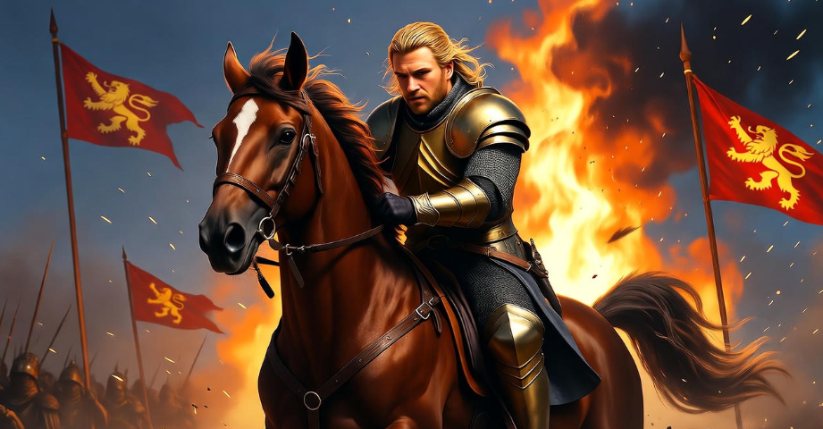 Jaime Lannister rides into battle in full armor, showing bravery and redemption in Game of Thrones.