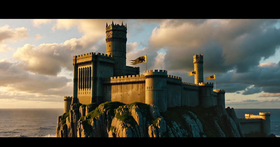 Casterly Rock overlooking the sea, symbolizing the Lannister family’s power and burden in Game of Thrones.