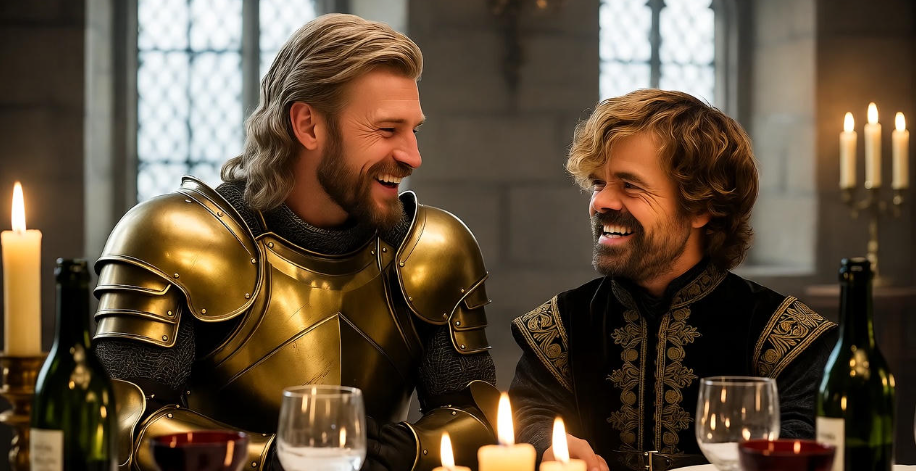Jaime and Tyrion Lannister sharing laughter over wine, capturing their early bond and mutual respect.