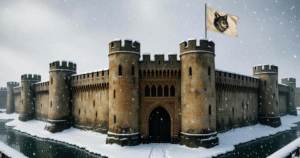 Snow-covered northern fortress with a wolf banner symbolizing House Stark’s honor and legacy.